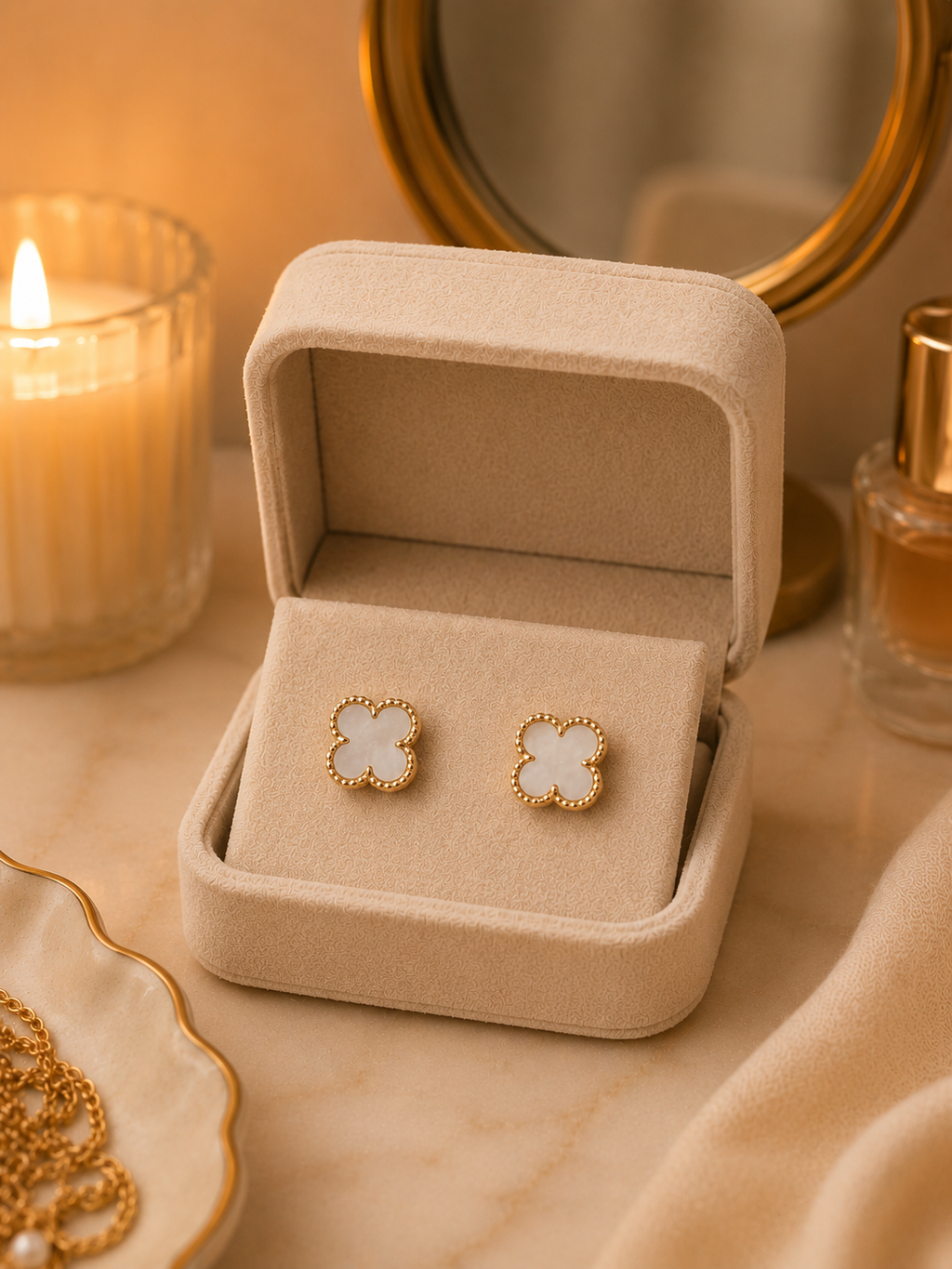 Aros Trébol Chapados en Oro 18K con Nácar Blanco