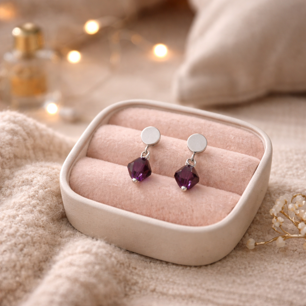 Aros Gota Cristal Amatista en Plata 925