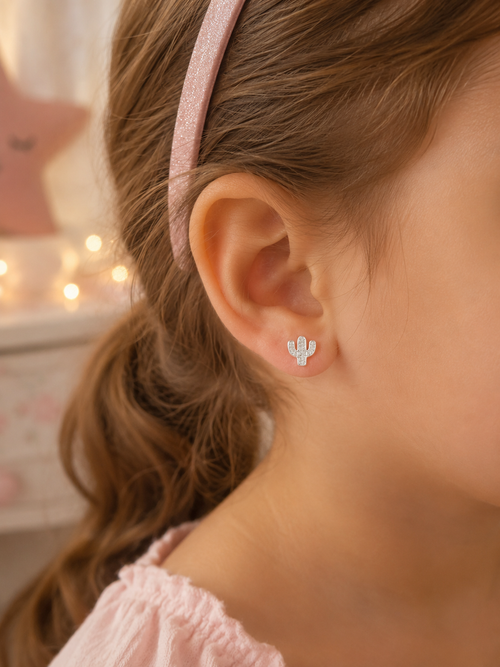 Aros Cactus de Plata 925 con Circonita para Niña